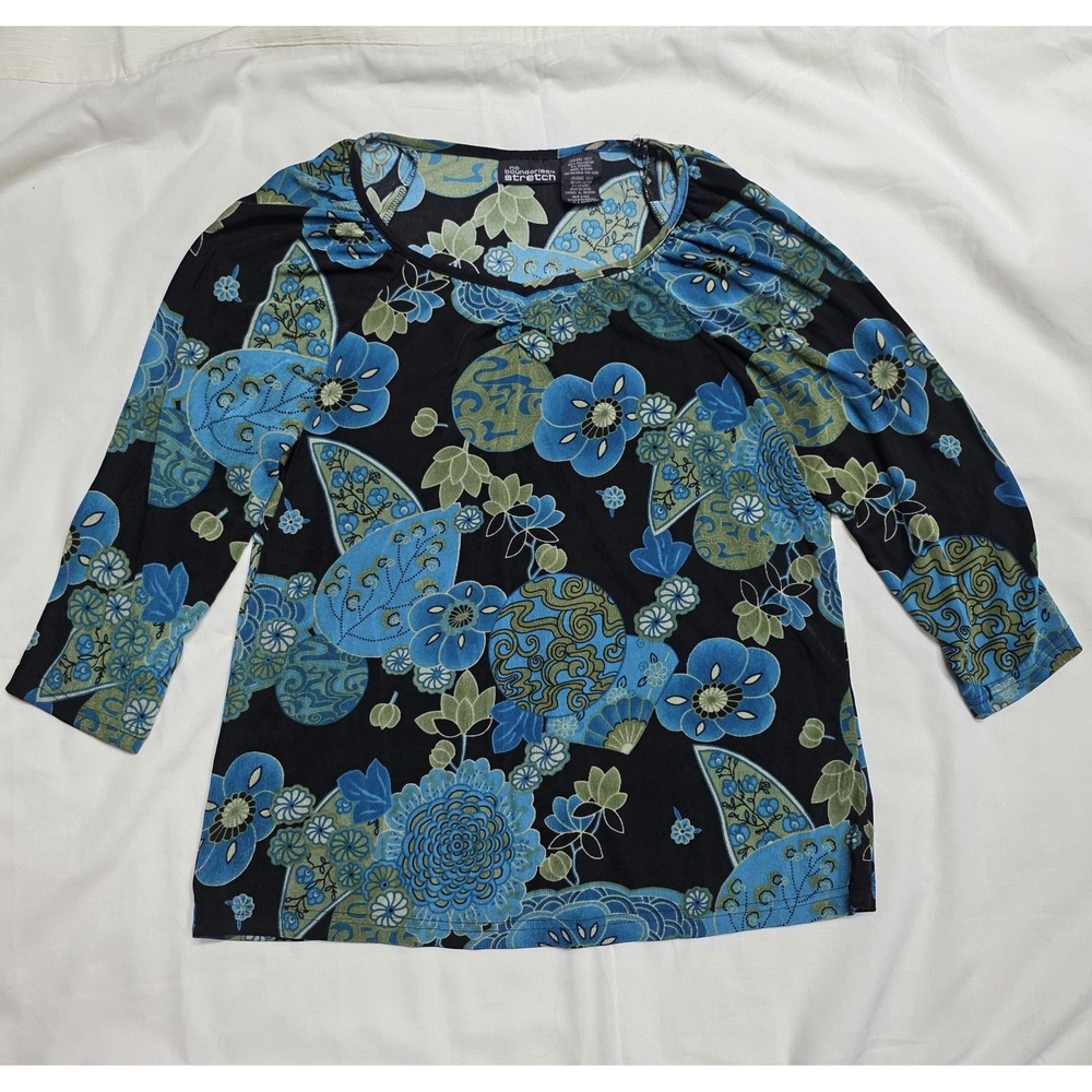 Y2k No Boundaries Shirt Womens 2XL Blue Green Floral Stretch 3/4 Sleeve Top NOBO